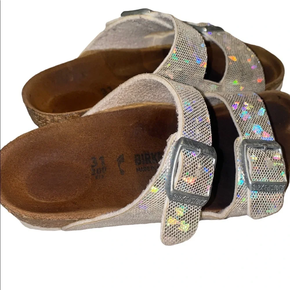 Girls Birkenstock Arizona flashy hologram silver slip on sandals size 13